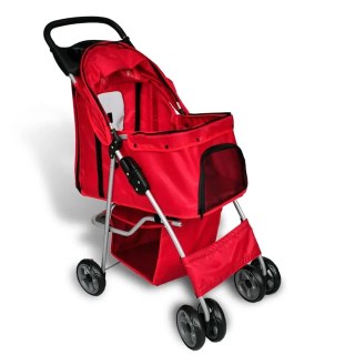 Red four-wheeled pet stroller with a mesh canopy