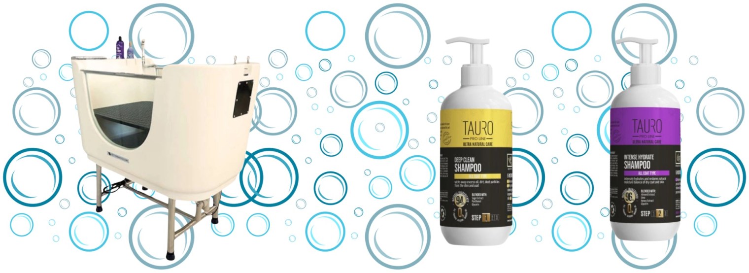 Dog bathing tub and Tauro Pro Line shampoos