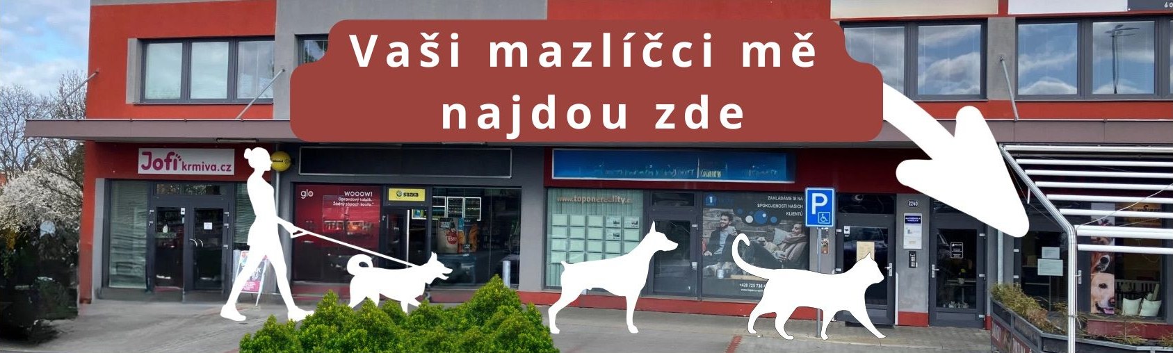 Provozovna v Lidické ulici v Roztokách u Prahy s nápisem „Vaši mazlíčci mě najdou zde“