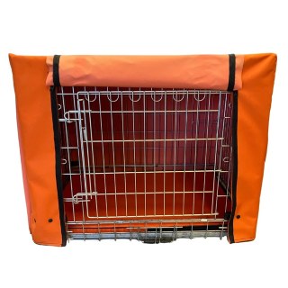 Orange fabric-covered exhibition cage with a wire front