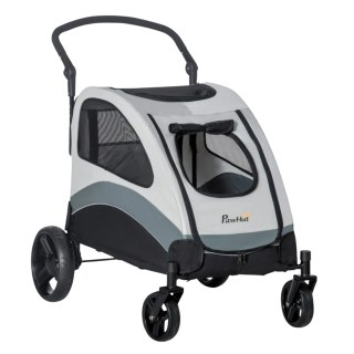 Gray four-wheeled pet stroller with mesh windows and swiveling front wheels