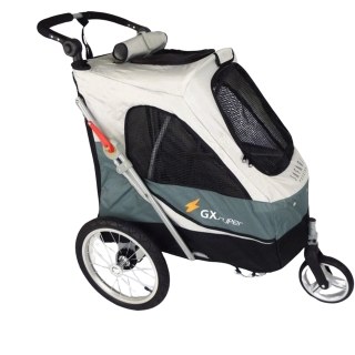 Gray dog trailer with large spoked wheels and mesh side windows
